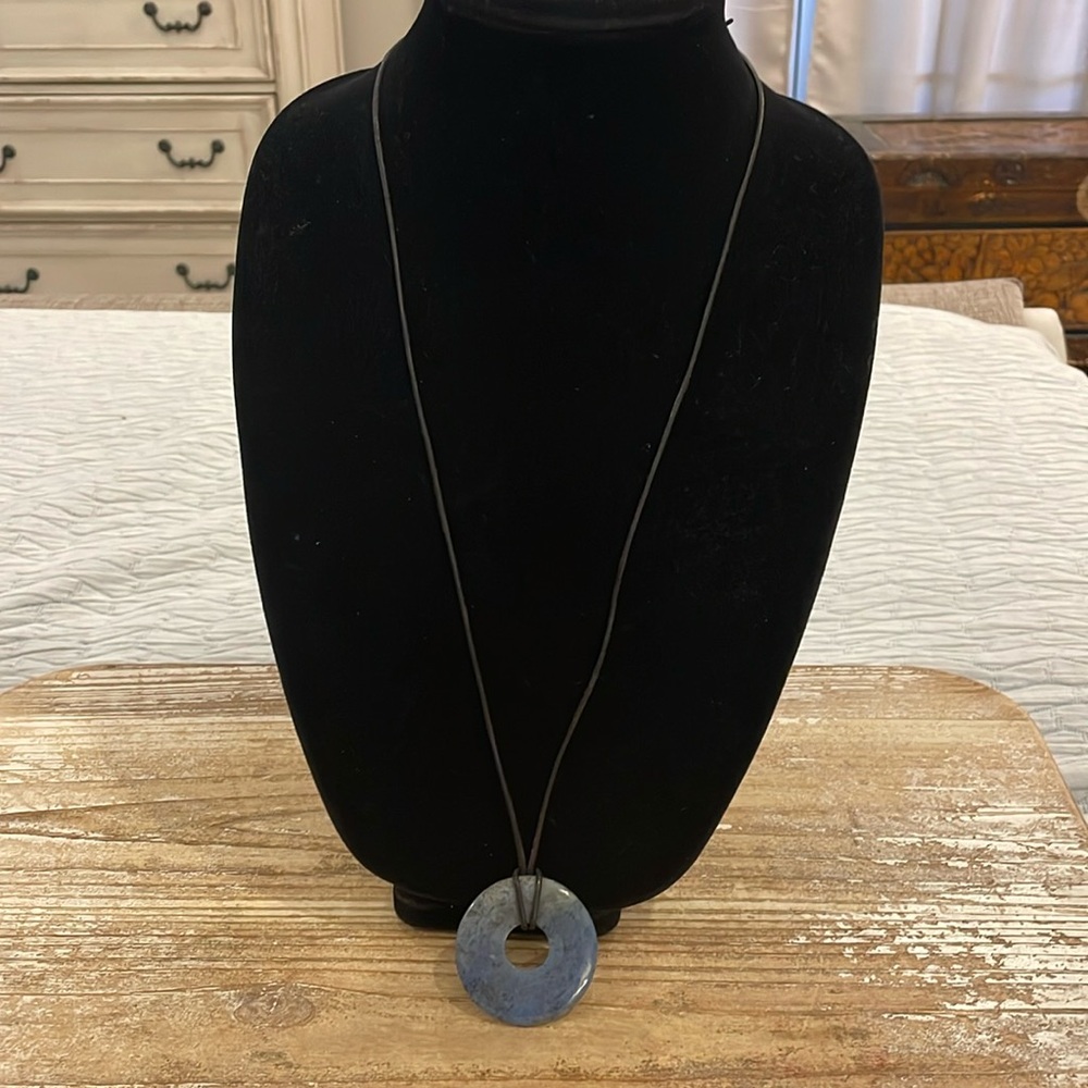 Vintage Black Rope Blue Disc Pendant Long Statement Necklace